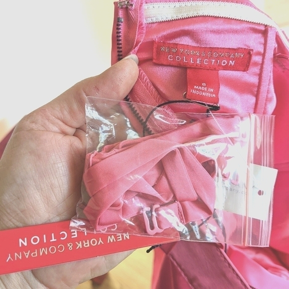 NEW York and Company Hot Pink Belted Midi Strapless Dress 8 Mod Retro Wiggle - Picture 3 of 12